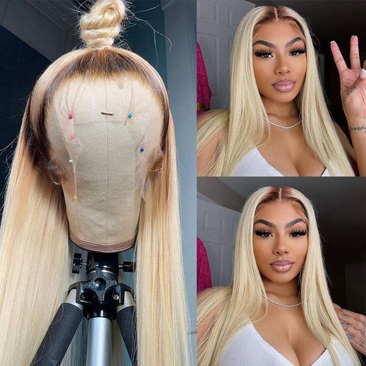 613 Blonde Straight 13x4 Transparent Lace Frontal Brazilian Hair Wig 180% Density